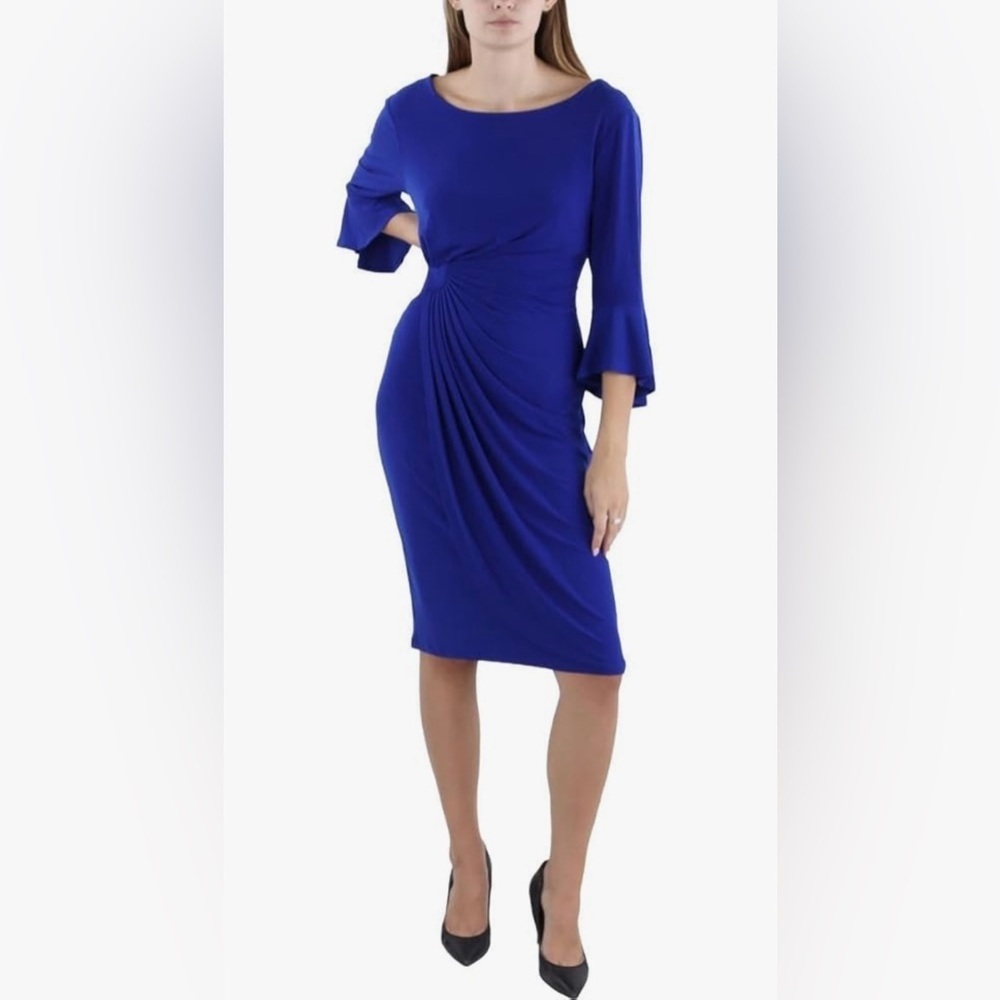 NWT Connected Apparel Gathered Bell Sleeve Faux Wrap Dress